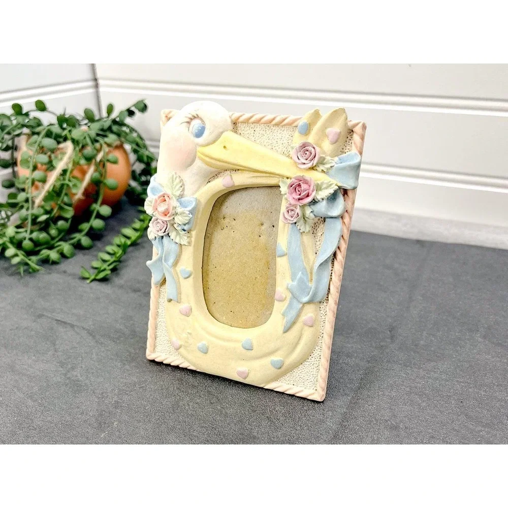 Vintage Stork Ceramic Picture Frame: Floral Baby Shower Decor
